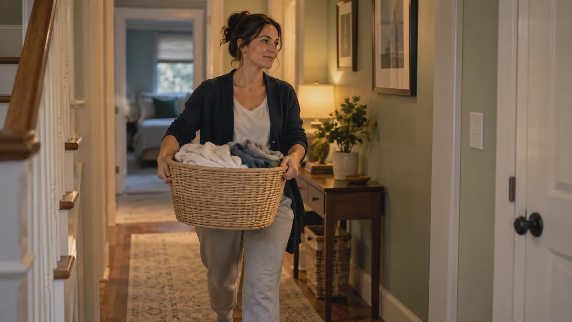 A person carrying laundry through a softly lit hallway.
