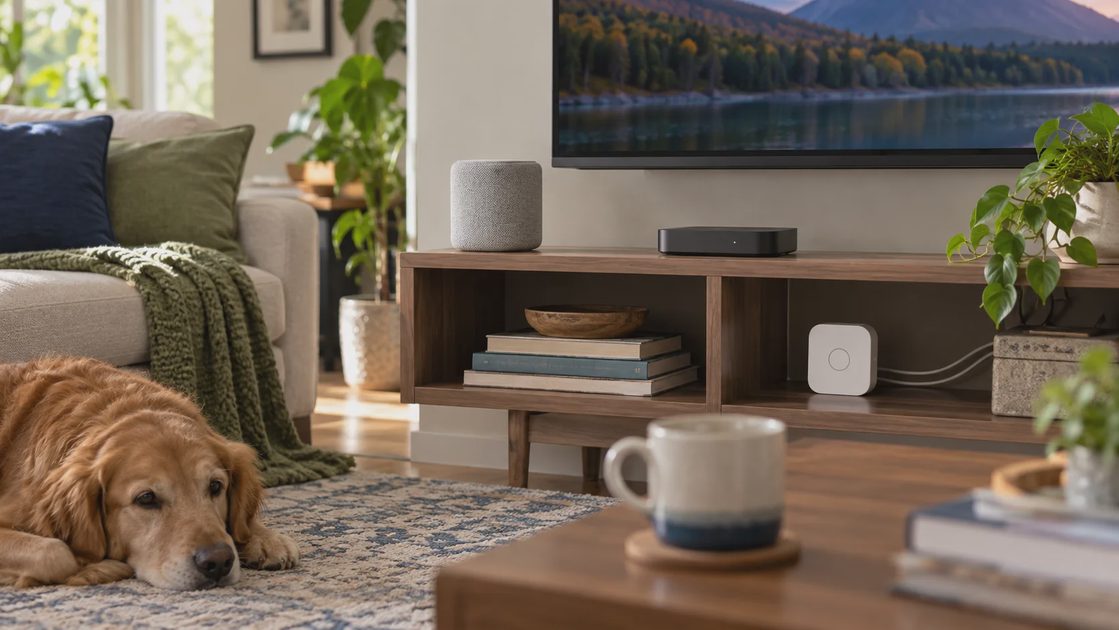 Check existing equipment first A smart speaker, streaming box, and lighting bridge arranged on a home shelf.