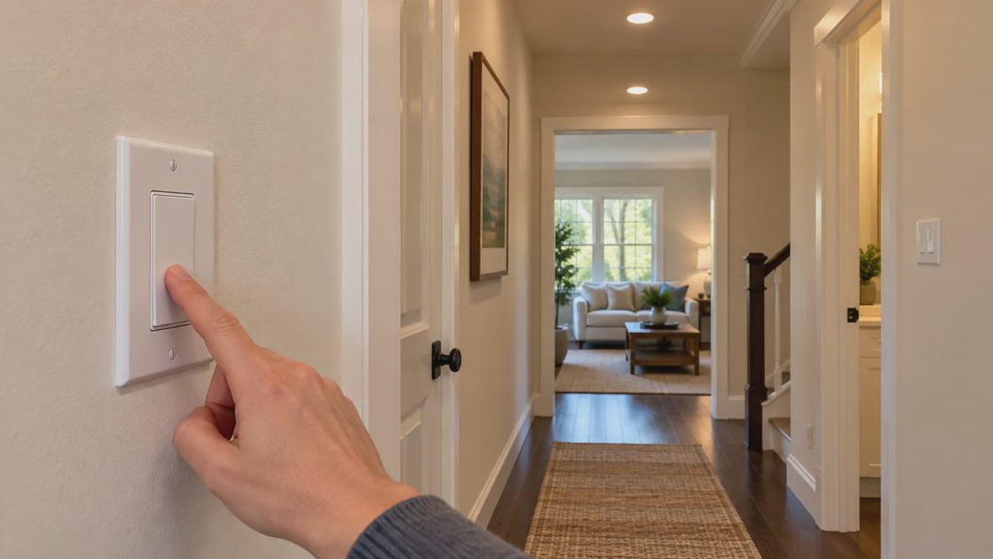 A person pressing a finished hallway wall switch with another control visible at the far doorway.