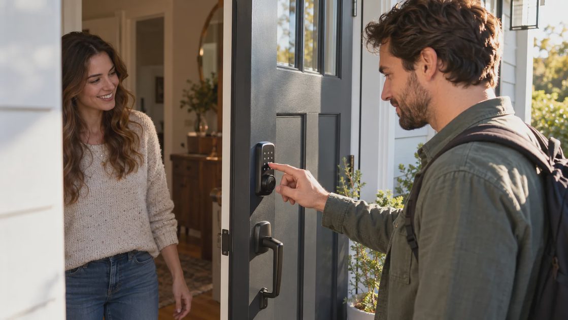 An adult testing a keypad lock while another person remains inside the open doorway.