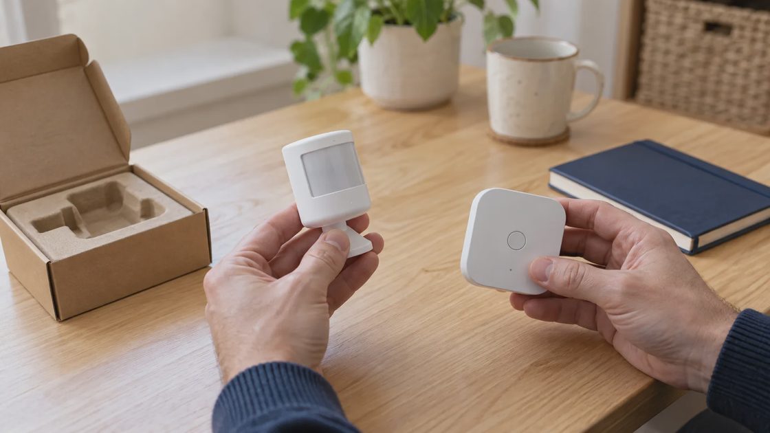 Verify hardware before expanding An adult comparing a boxed sensor with a small controller and a notebook.