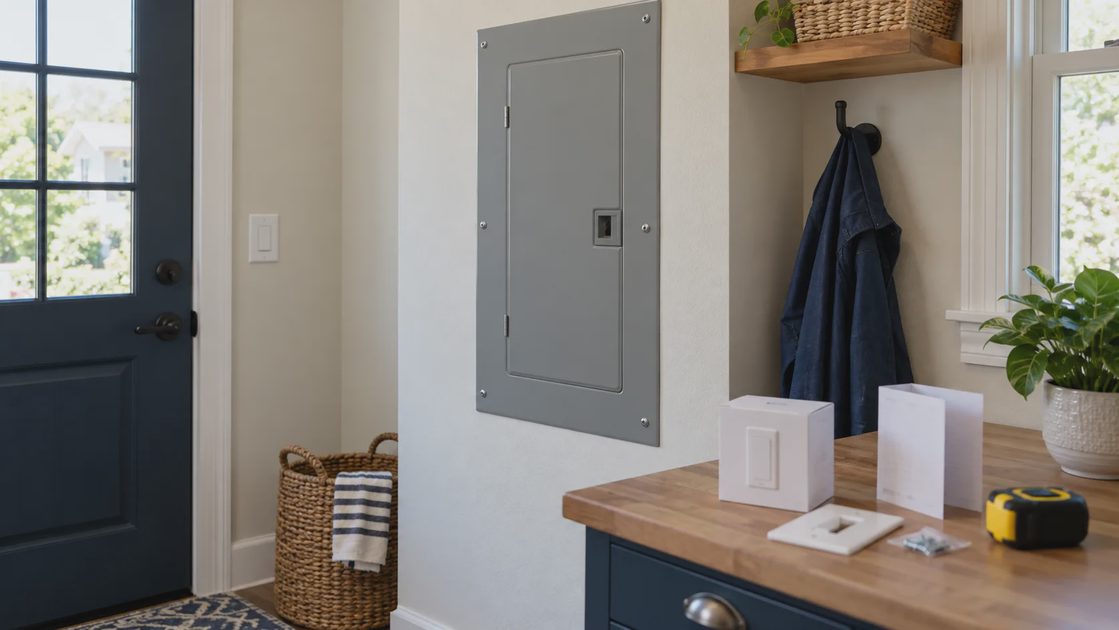 A closed electrical-panel door and switch packaging beside a measuring tape.