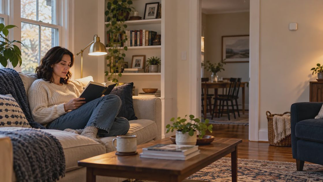 A person reading in an armchair under a lamp, with a small sensor on the opposite wall. A seated task needs continued light