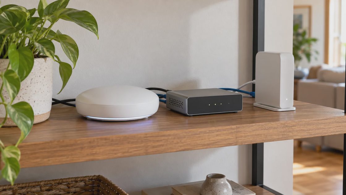 Three different compact network devices on a shelf beside neatly arranged low-voltage cables. Supporting equipment has different roles