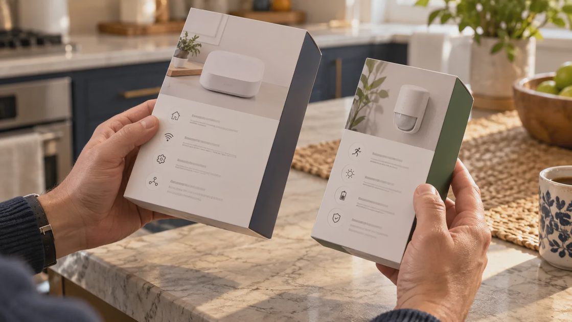 Check the exact model before buying Hands comparing two unbranded smart-device boxes with their specification sides facing the reader.