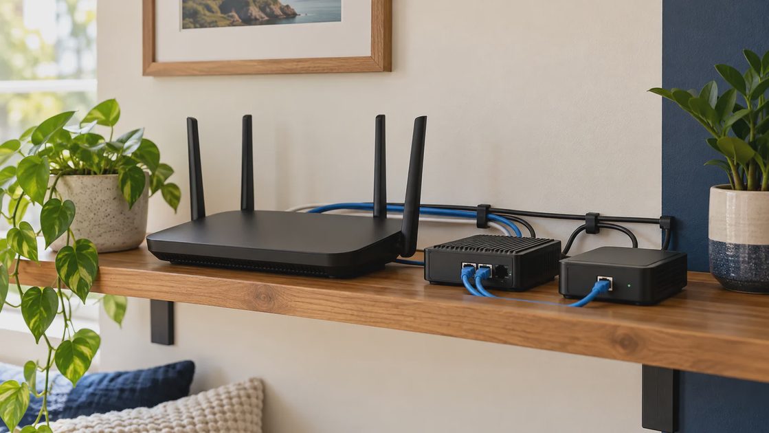 Look at the whole equipment arrangement A router and two compact home controllers with neatly connected cables on an open shelf.
