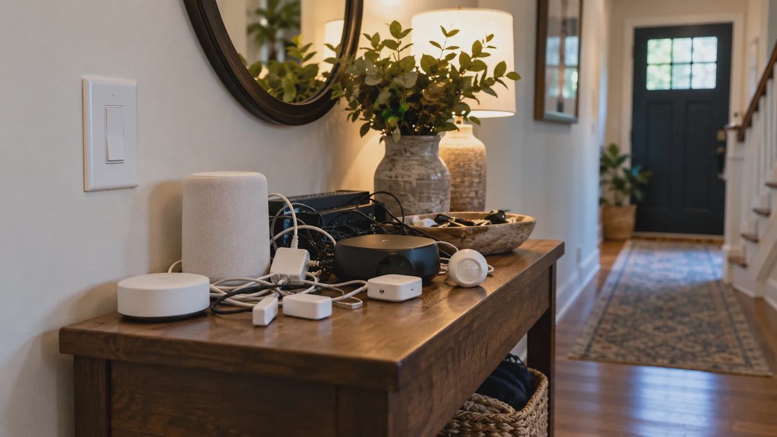 Unused smart-home equipment and cables crowded onto an entryway table.