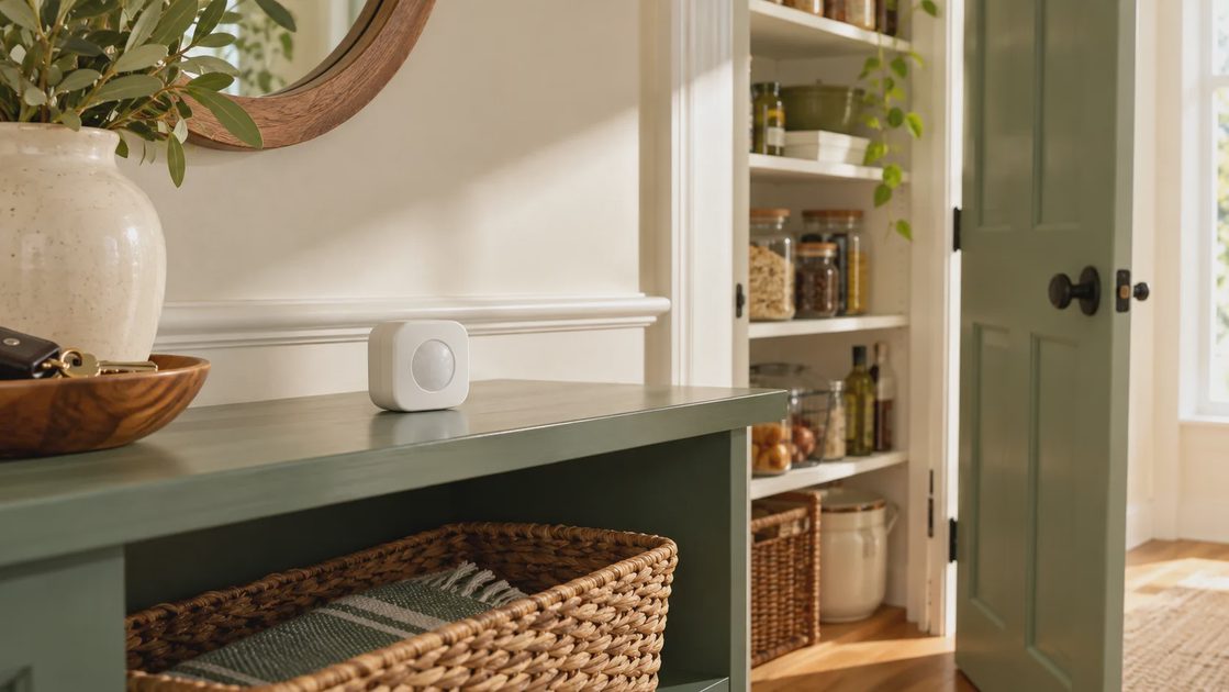 Try the position before mounting A battery sensor resting securely on an entry shelf beside an open pantry door.