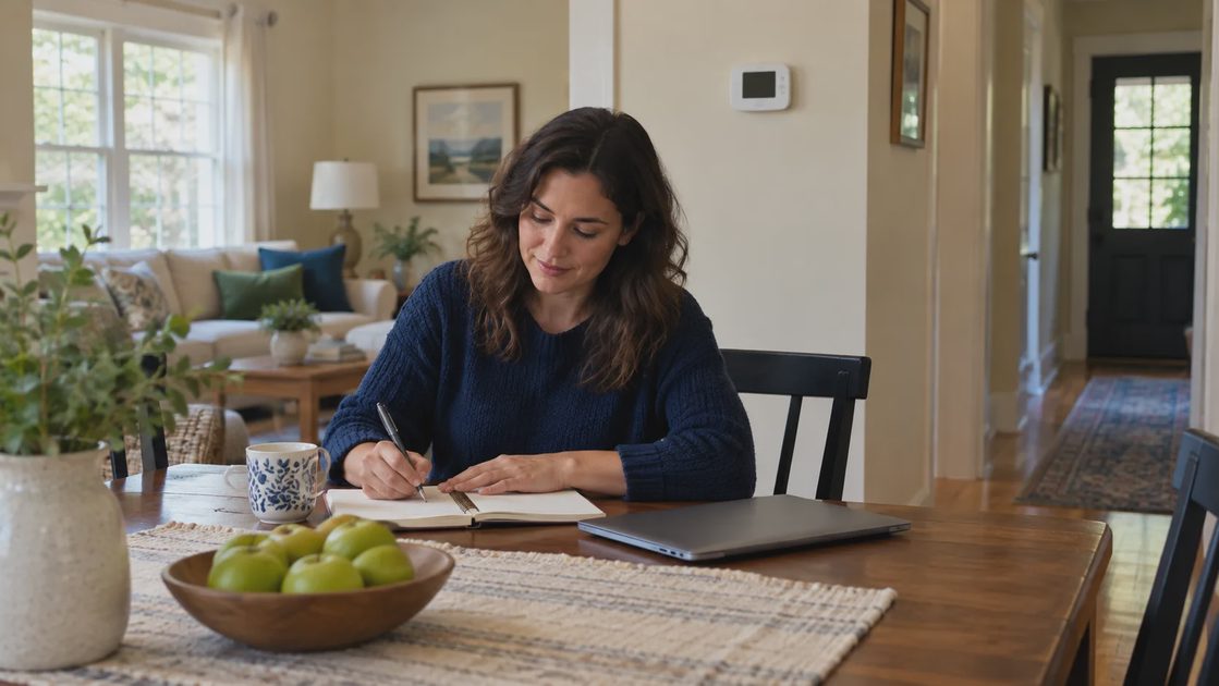 Include the person who stays home An adult working at a dining table while a wall thermostat is visible in the hallway.