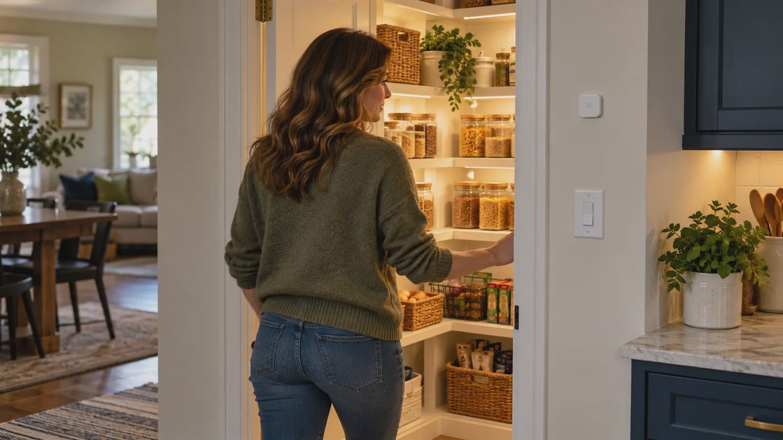 Start with one pantry routine A person entering a lit pantry with a small sensor visible beside the doorway.
