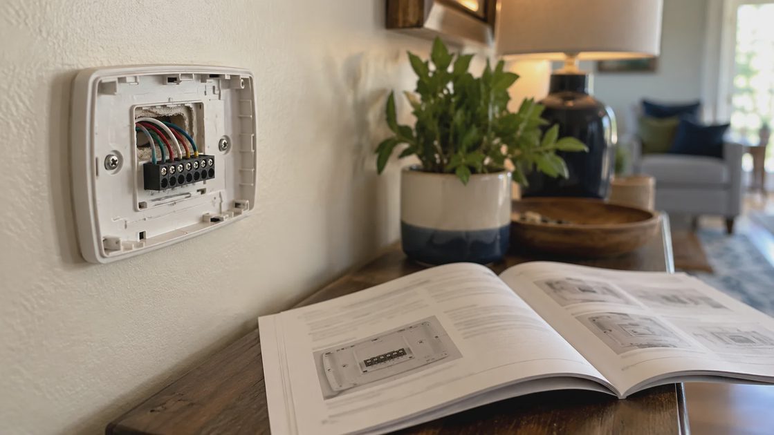 A person photographing an exposed thermostat base before installation.
