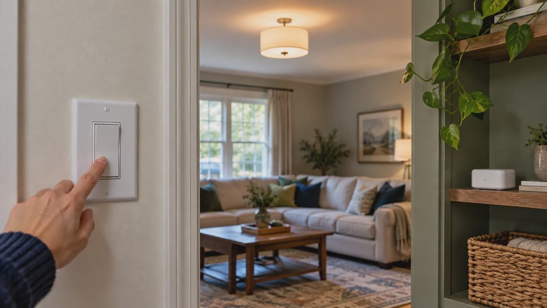 Inspect the physical baseline A finished wall switch and ceiling light in a room with a small controller on a shelf.