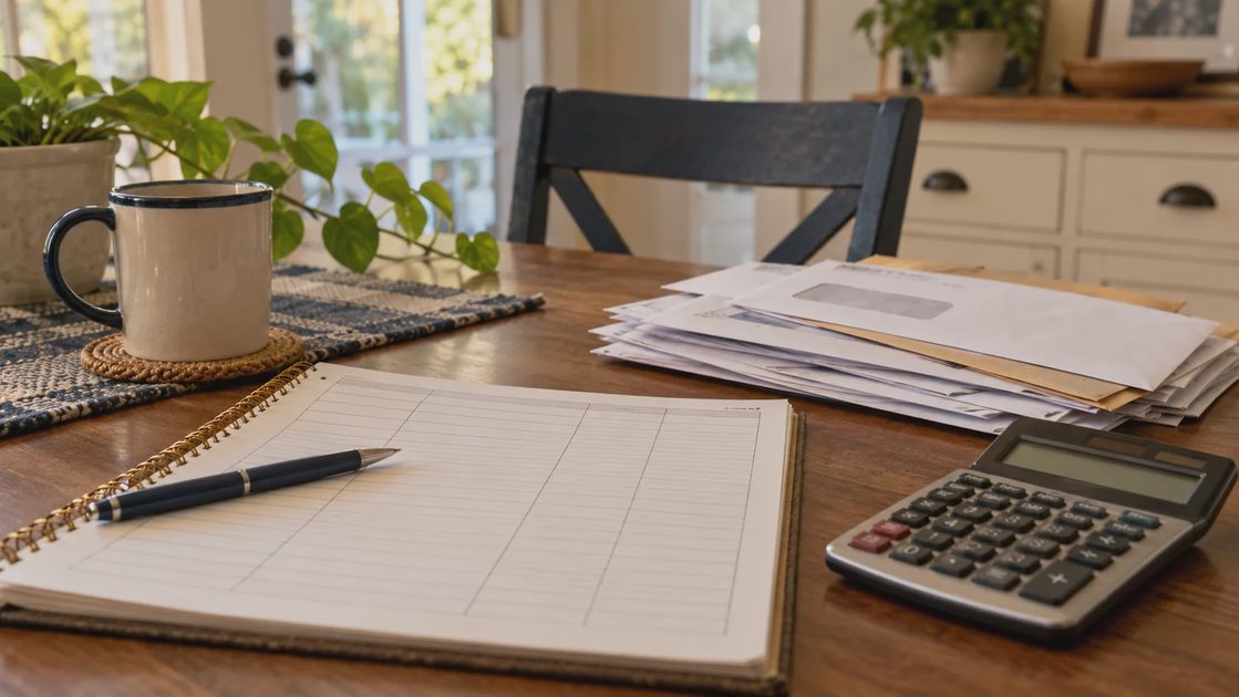 Compare costs with clear assumptions A calculator and utility statements with a notebook on a home kitchen counter.