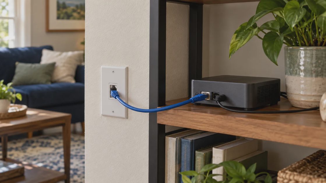 Keep supporting equipment accessible A router standing on an open shelf away from a closed metal cabinet.
