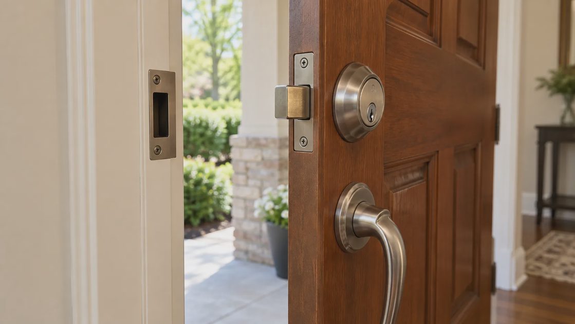 An open door showing its deadbolt edge opposite the frame strike plate.