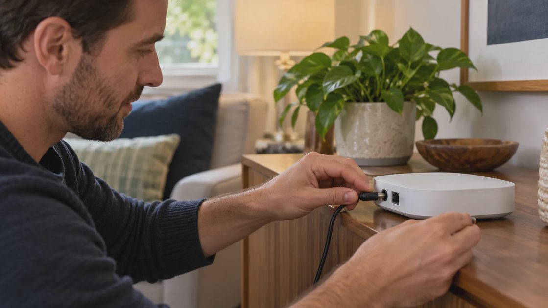 Check power before blaming the network A person checking a low-voltage connector on a smart hub.