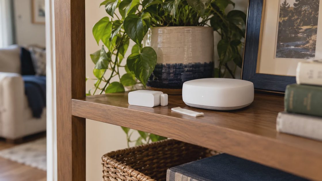 Use a temporary location to test a coverage theory Wireless sensor temporarily placed beside a hub on an open shelf.