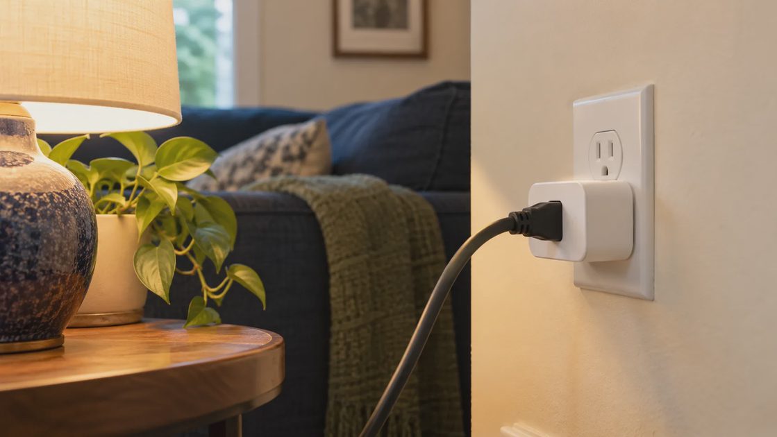 Close view of a lamp cord connected to a wall-mounted smart plug.
