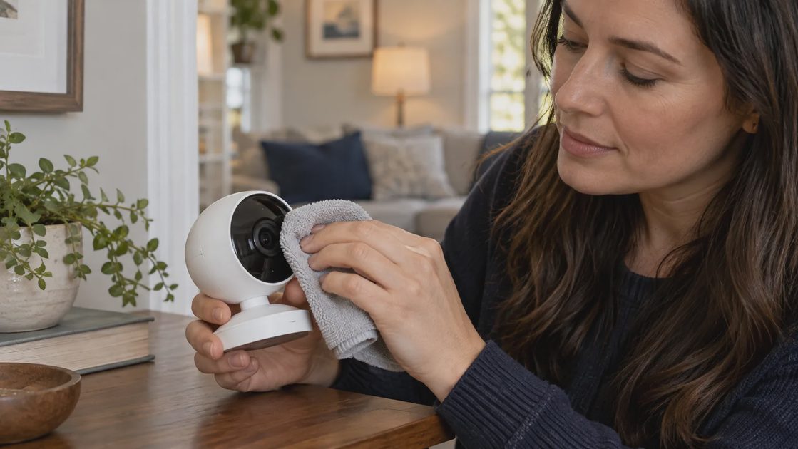 Walk the house with the inventory in hand A person wiping an indoor camera lens with a cloth.