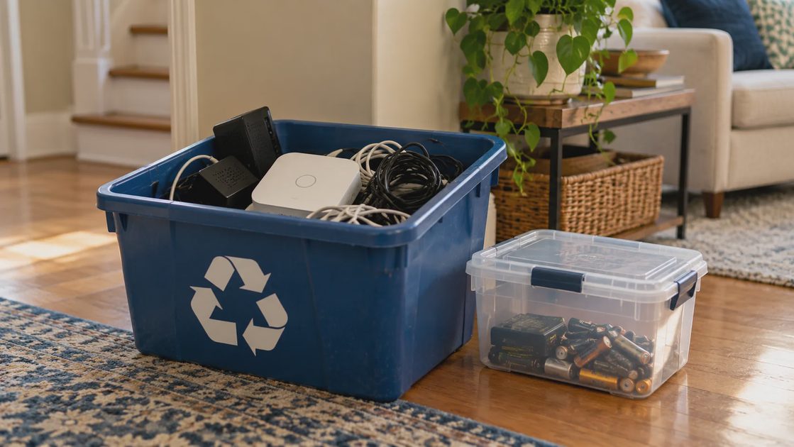 Retired electronics in a recycling box beside a separate battery container.