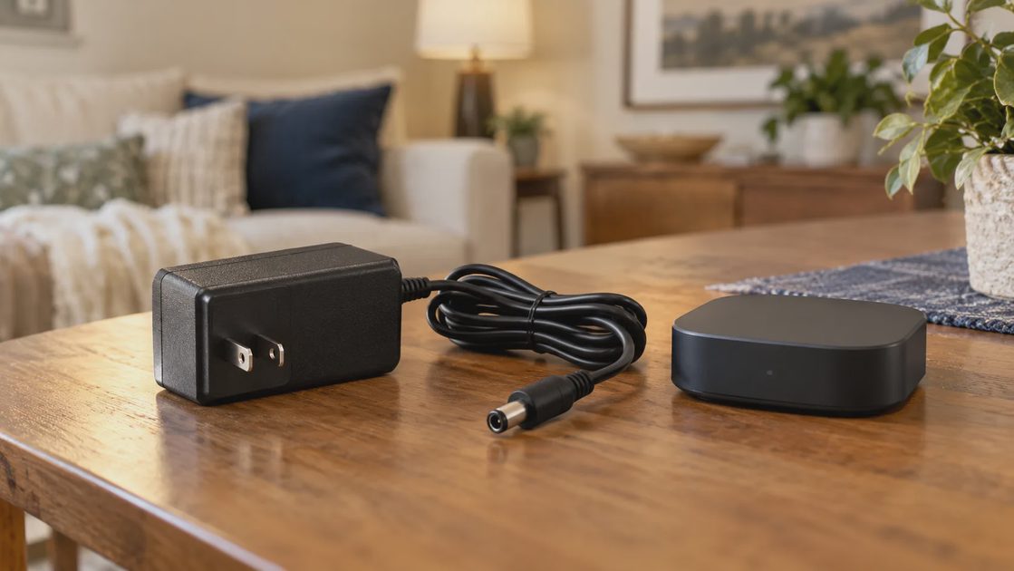 Intact low-voltage power adapter beside a small hub.