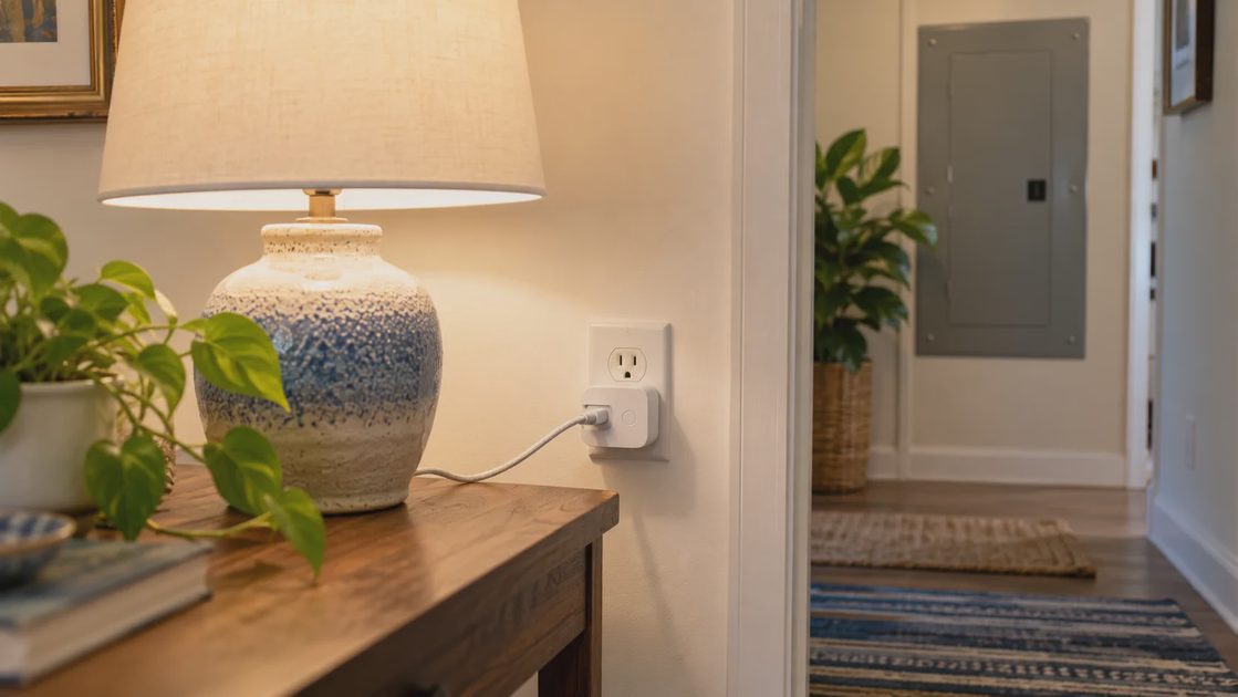 Choose the measurement layer that answers your question Lamp and smart plug with a closed electrical panel in the background.