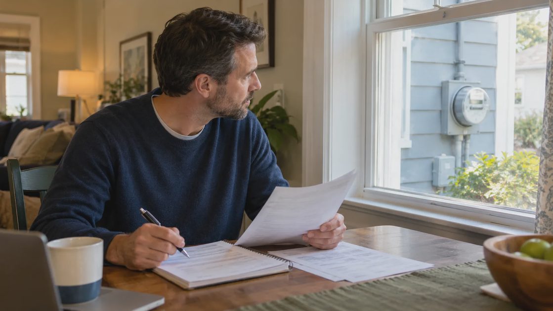 Treat a pattern as a lead to investigate A person reviewing paper logs near a window overlooking an electricity meter.