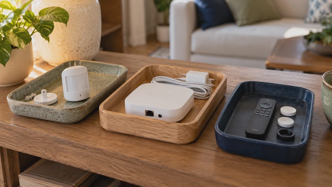 Sort by the household job, not the gadget type Three trays holding a sensor, bridge, and wireless remote.
