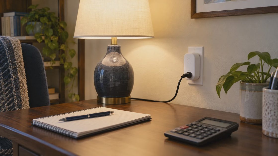 Notebook and calculator beside a lamp connected through a smart plug.