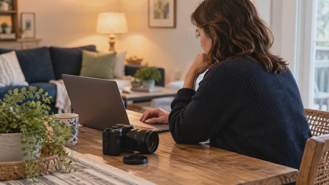 Decide what the camera should be allowed to see A person reviewing a laptop beside a camera accessory.