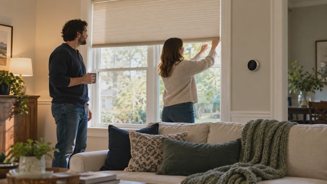 Make the occupied room the test Two people adjusting a window shade in a living room.