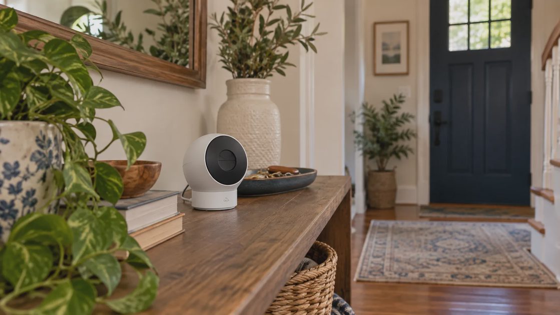 Give access to people rather than sharing one login Indoor camera on a shelf near the entryway.