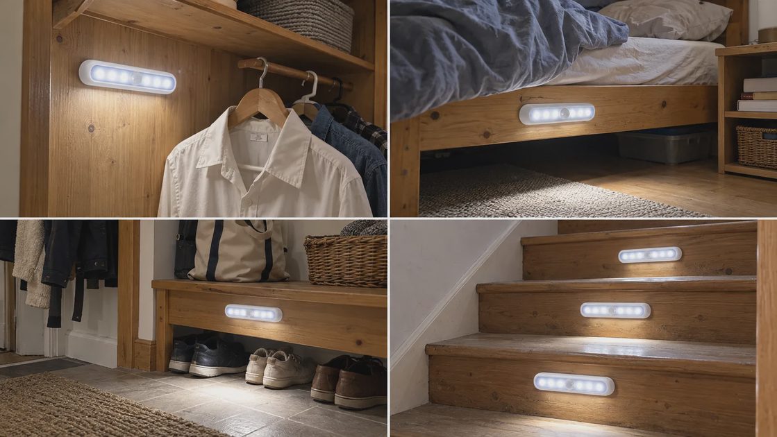 STAR-SPANGLED Motion Sensor Lights Around the Home Four-panel collage showing STAR-SPANGLED motion sensor lights installed in a closet, on a bed frame, beneath an entryway bench, and on stairs