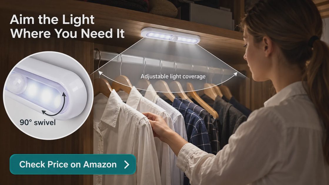 STAR-SPANGLED Closet Light with 90° Swivel Bar STAR-SPANGLED light illuminating hanging clothes, with a 90-degree swivel close-up, adjustable coverage illustration, and Amazon price button