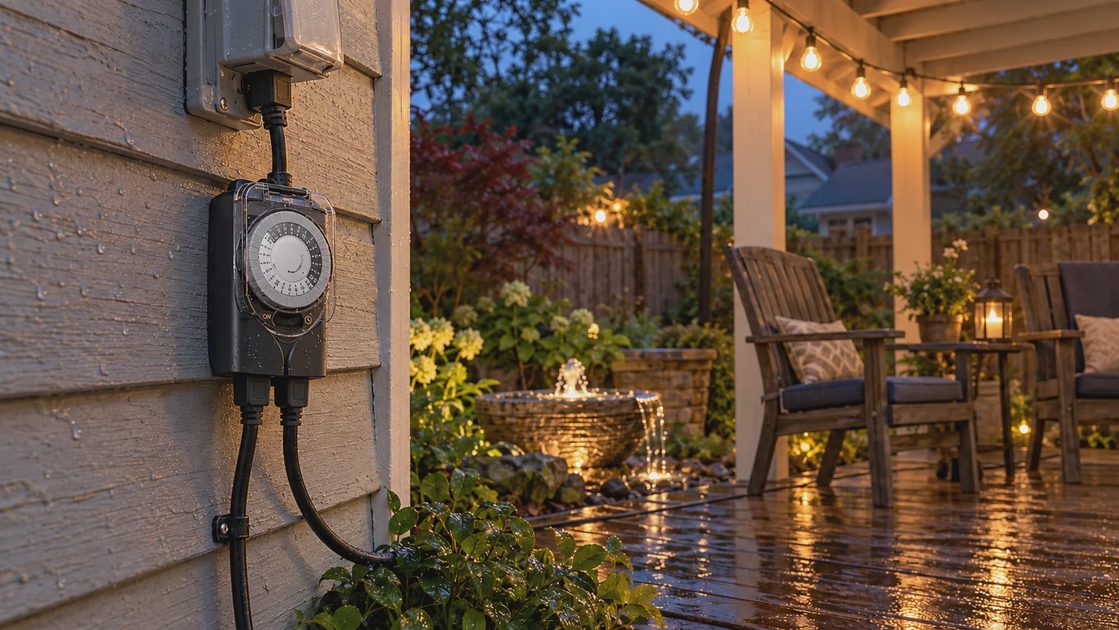 G-Homa Mechanical Outdoor Timer for Patio Lights and a Garden Fountain G-Homa mechanical outdoor timer mounted on a porch wall with two cords connected, beside illuminated patio string lights and a running garden fountain.
