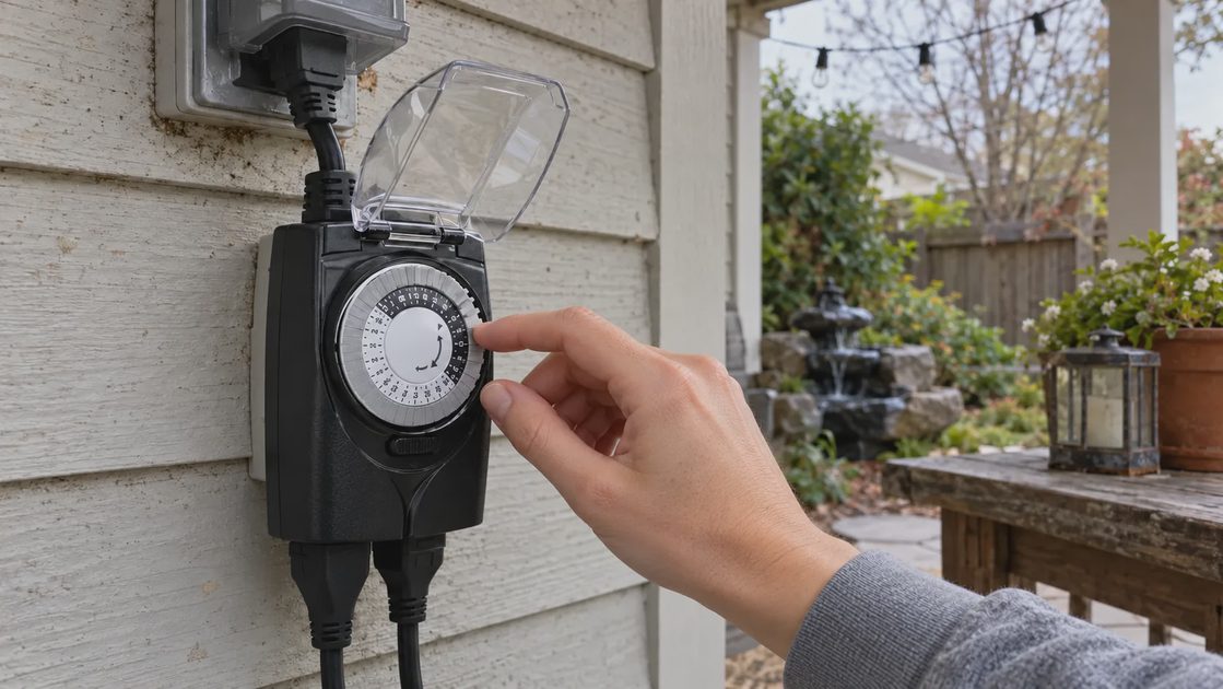 Setting the G-Homa Mechanical Outdoor Timer A woman’s hand adjusting the dial on a wall-mounted G-Homa mechanical outdoor timer, with its clear protective cover open and two cords connected.