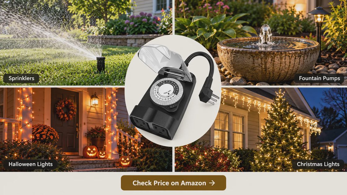 G-Homa Mechanical Outdoor Timer for Garden and Holiday Lighting G-Homa mechanical outdoor timer surrounded by sprinkler, garden fountain, Halloween and Christmas lighting scenes, with a “Check Price on Amazon” button.