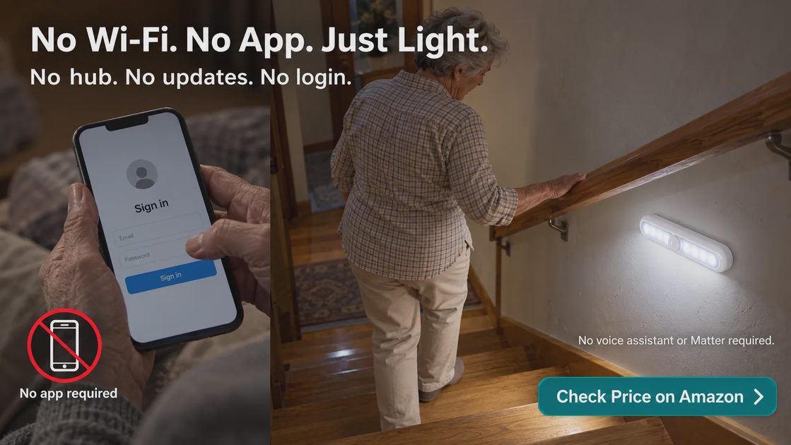 STAR-SPANGLED Motion Sensor Light — No Wi-Fi or App Needed STAR-SPANGLED motion sensor light illuminating stairs beside an older woman, with no-app messaging and an Amazon price button