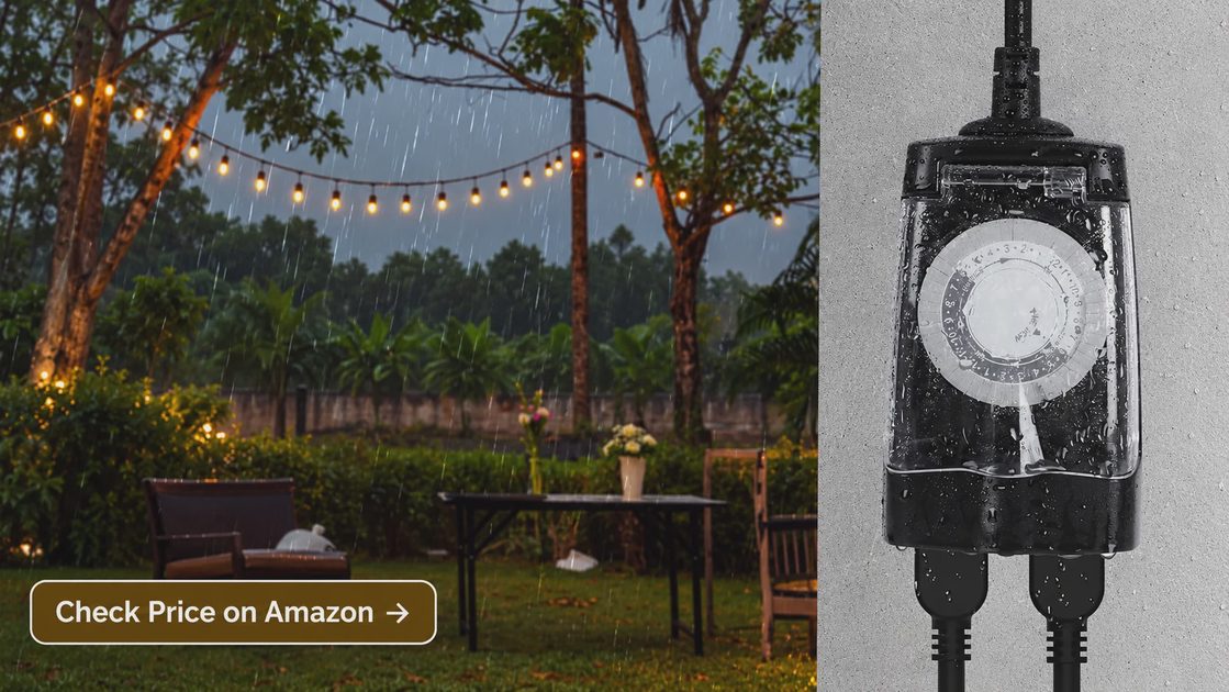G-Homa Mechanical Outdoor Timer with Rain-Protective Cover G-Homa mechanical outdoor timer with raindrops on its closed clear cover, alongside patio lights in the rain and a “Check Price on Amazon” button.